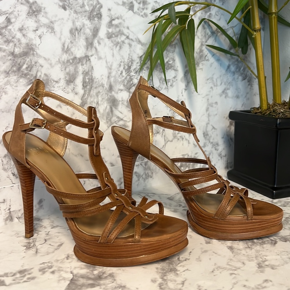 Stuart Weitzman Strappy platform leather sandals with wood heels. Size 9, good - Picture 5 of 5